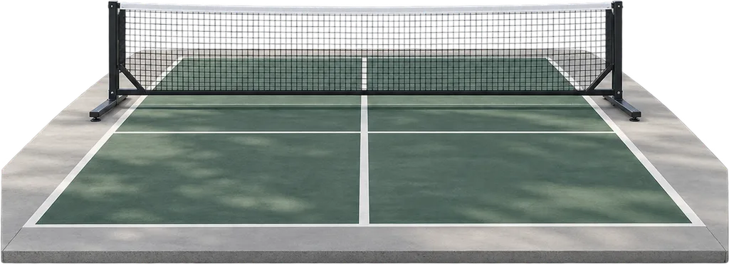 Illustration éditoriale d'un filet de pickleball portable à cadre métallique, dressé sur un terrain extérieur aux lignes visibles.