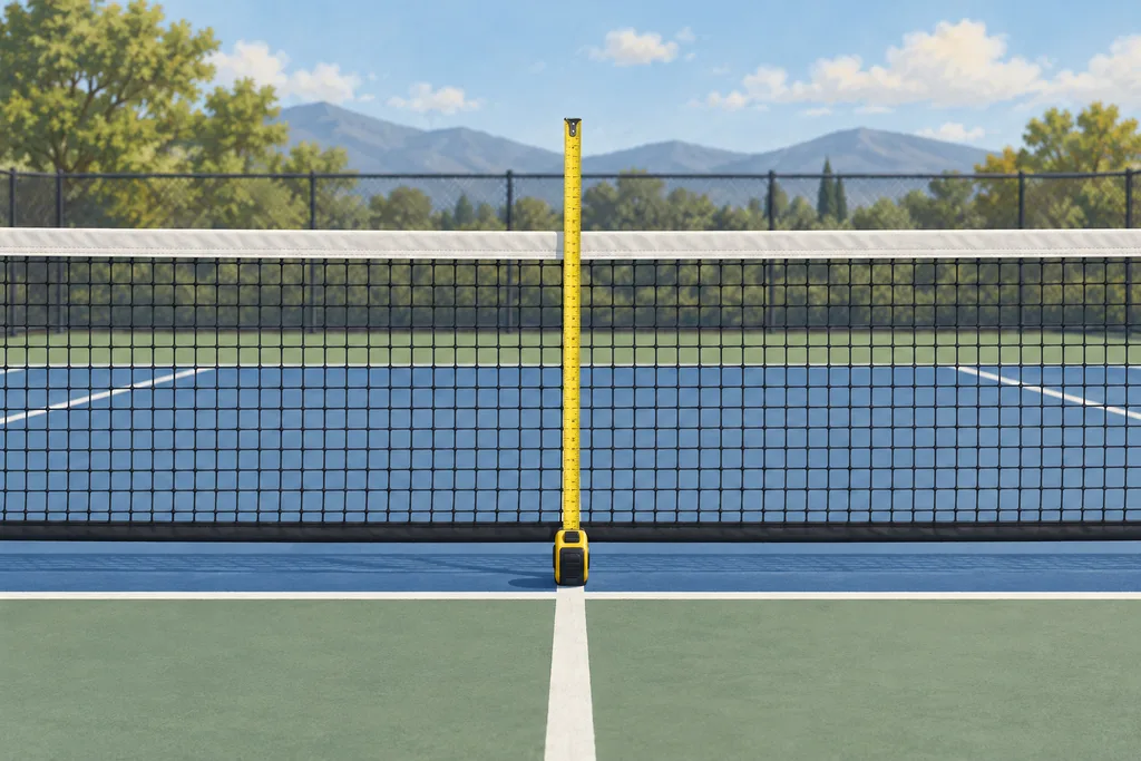 Un filet de pickleball vu de profil sur un court, avec un mètre ruban tendu entre le sol et le haut du filet.
