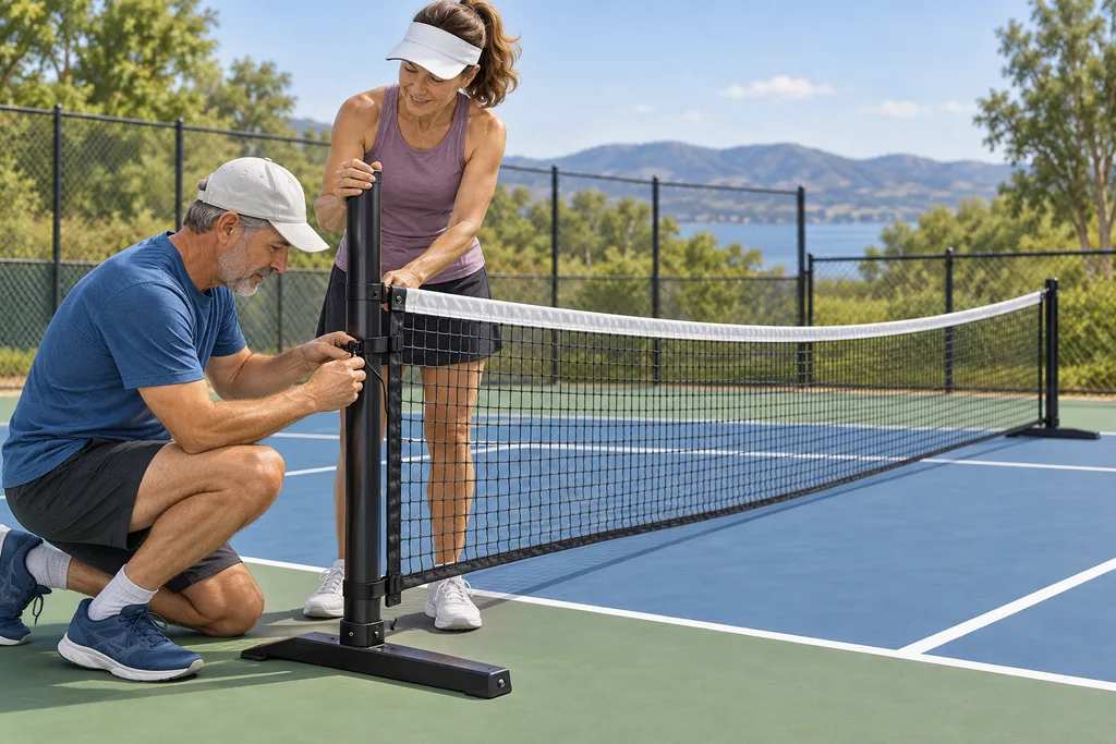 Deux personnes assemblent les montants d'un filet de pickleball portable sur un court.